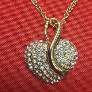 Rhinestone Heart Necklace Gold Tone